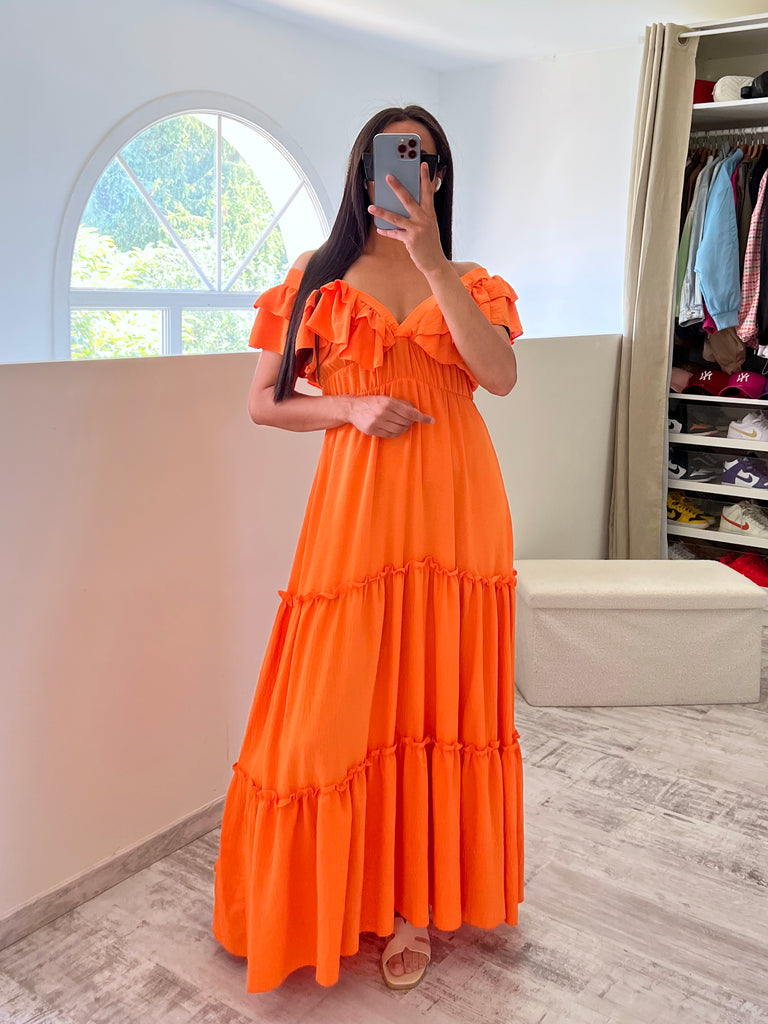 Robe Col Et Effets Volants Orange