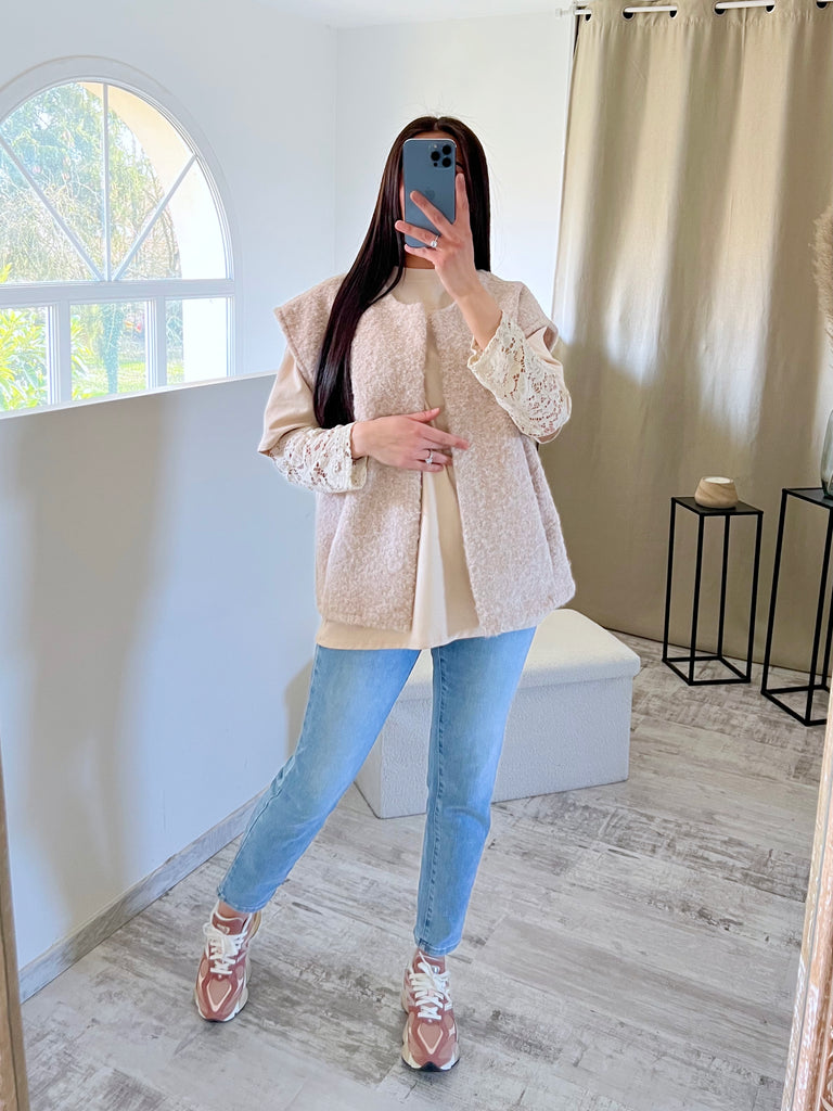 T shirt Manches Dentelles Beige