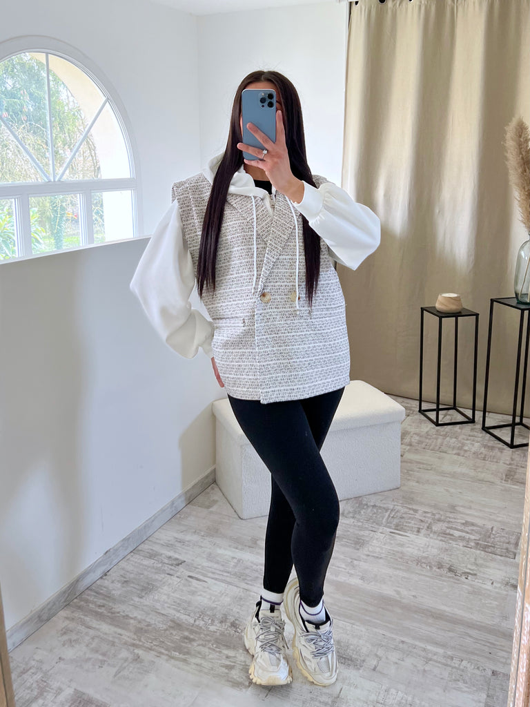 Veste 2 Pièces Hoodie/Tweed Blanc/Noir