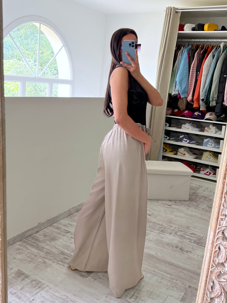 Pantalon Lin À Ceinture Pierres Taupe