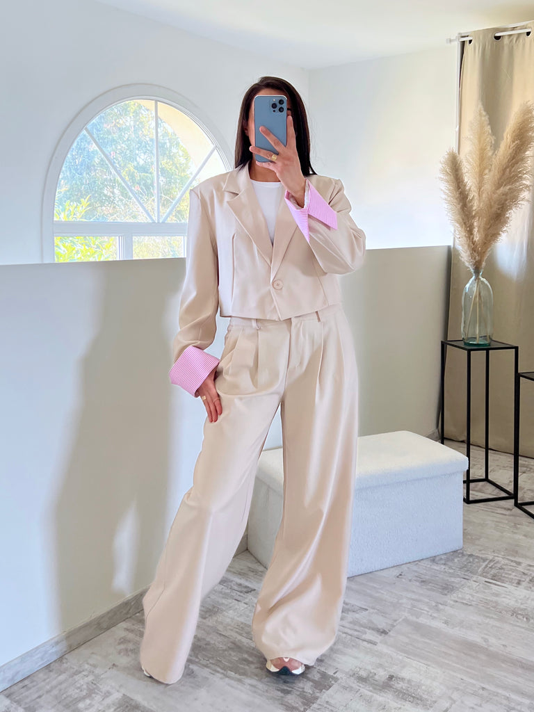 Ensemble Blazer Court/Pantalon Revers Nude/Rose