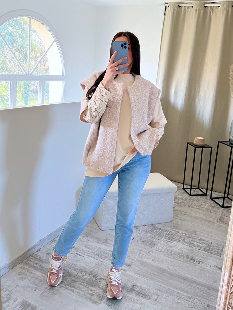 T shirt Manches Dentelles Beige