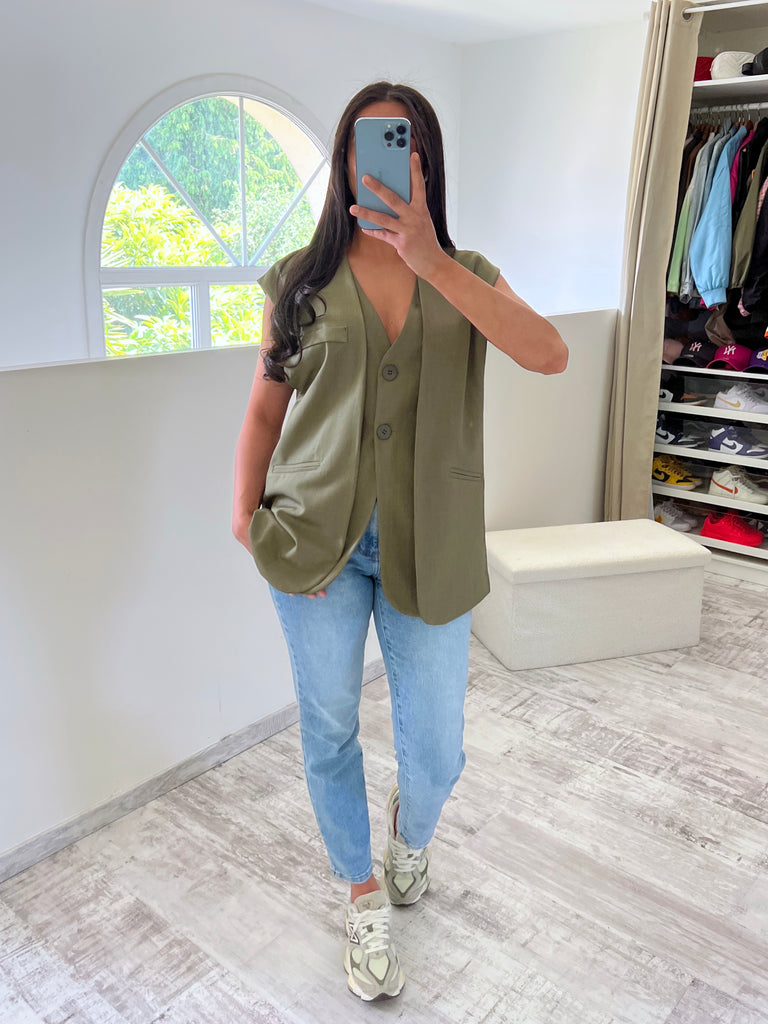 Gilet Blazer Sans Manches Kaki