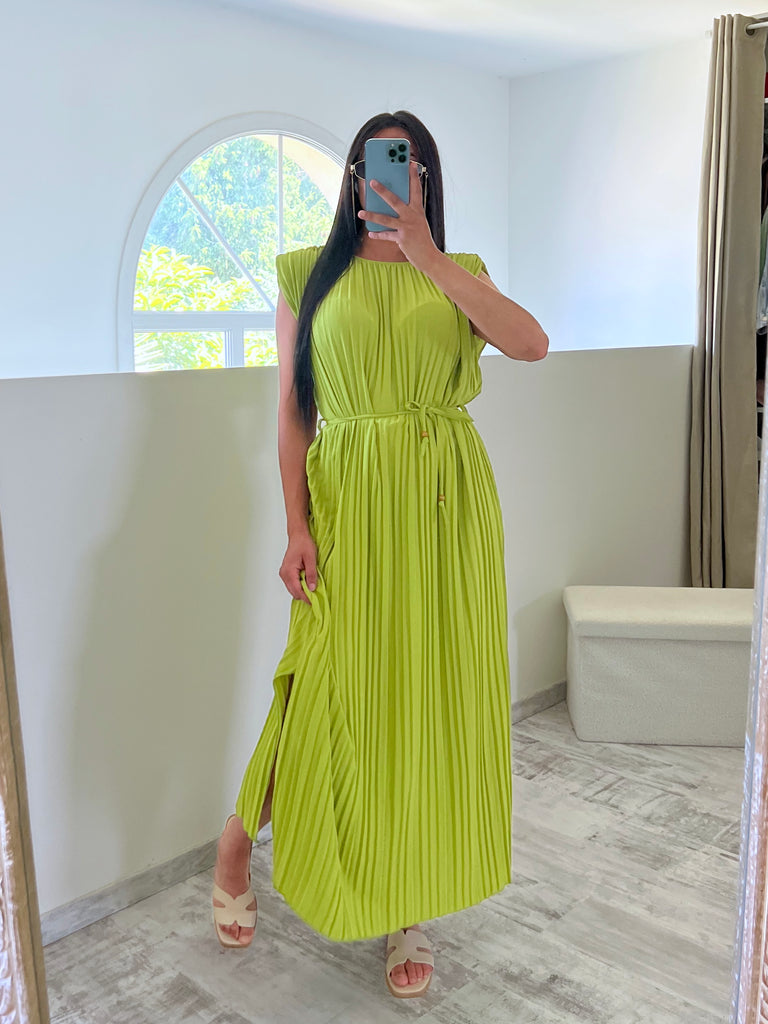 Robe Plissée À Ceinture Anis