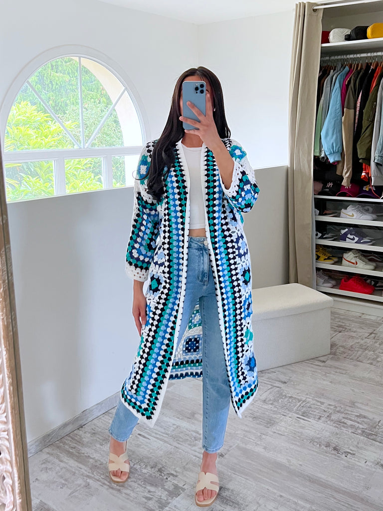 Gilet Long Crochet Multicolore Bleu