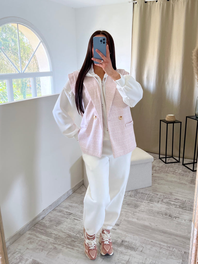 Veste 2 Pièces Hoodie/Tweed Blanc/Rose