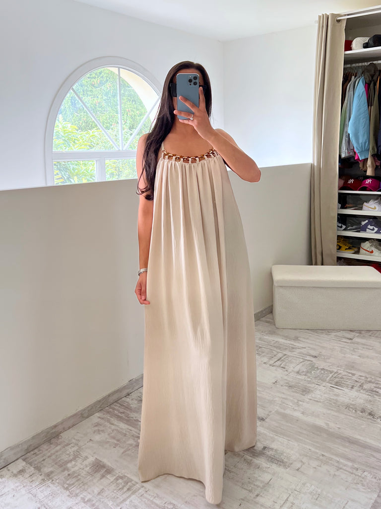 Robe Col Boucles Dorés Beige
