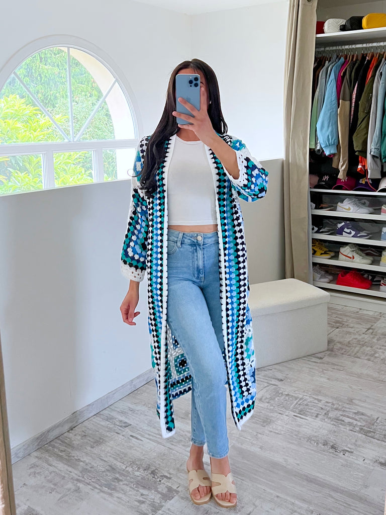 Gilet Long Crochet Multicolore Bleu