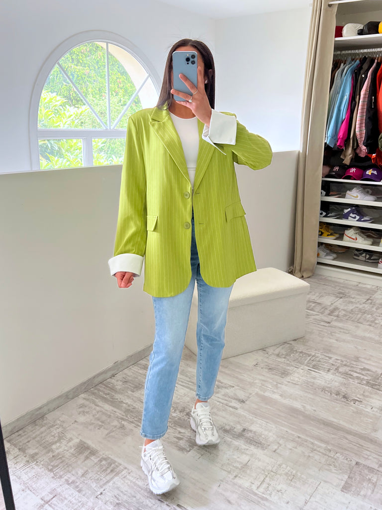 Blazer Manches Revers Rayures Vert