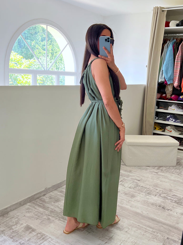 Robe À Col Et Ceinture Tresse Kaki