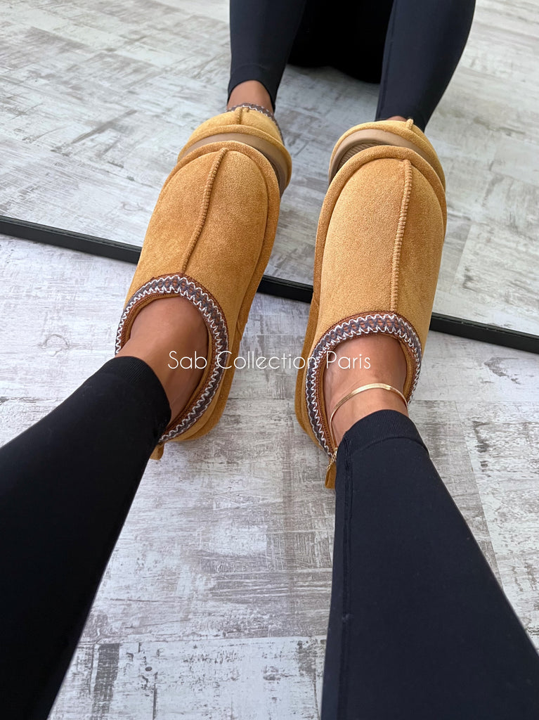 Chaussons Mules Plateforme Basse Camel