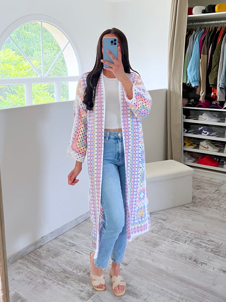 Gilet Long Crochet Multicolore Pastels