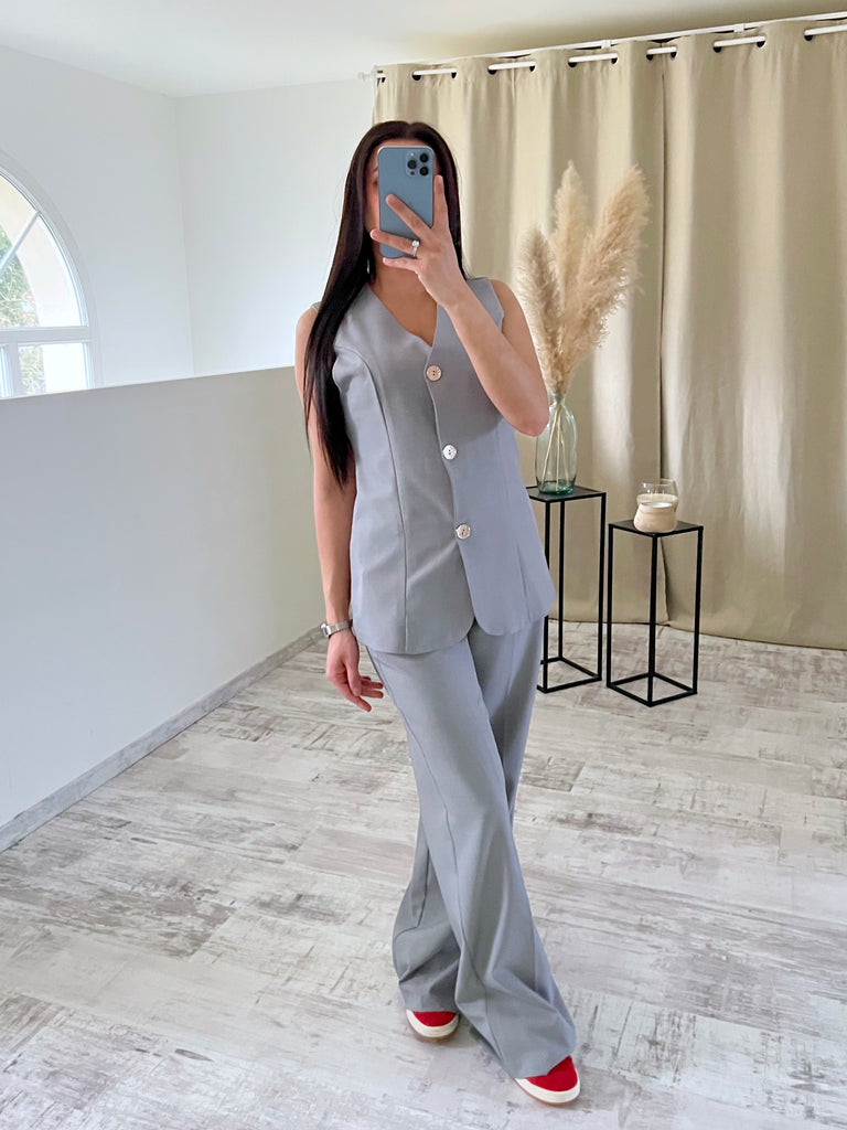 Ensemble Sans Manches Boutons Dorés Gris