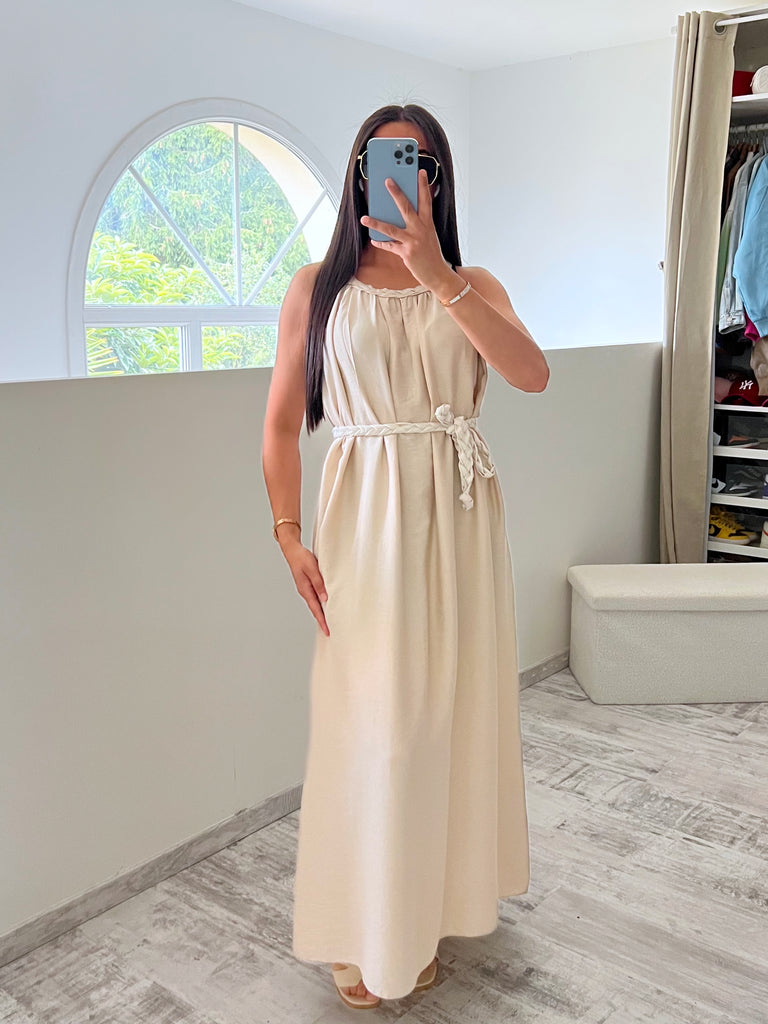 Robe À Col Et Ceinture Tresse Beige