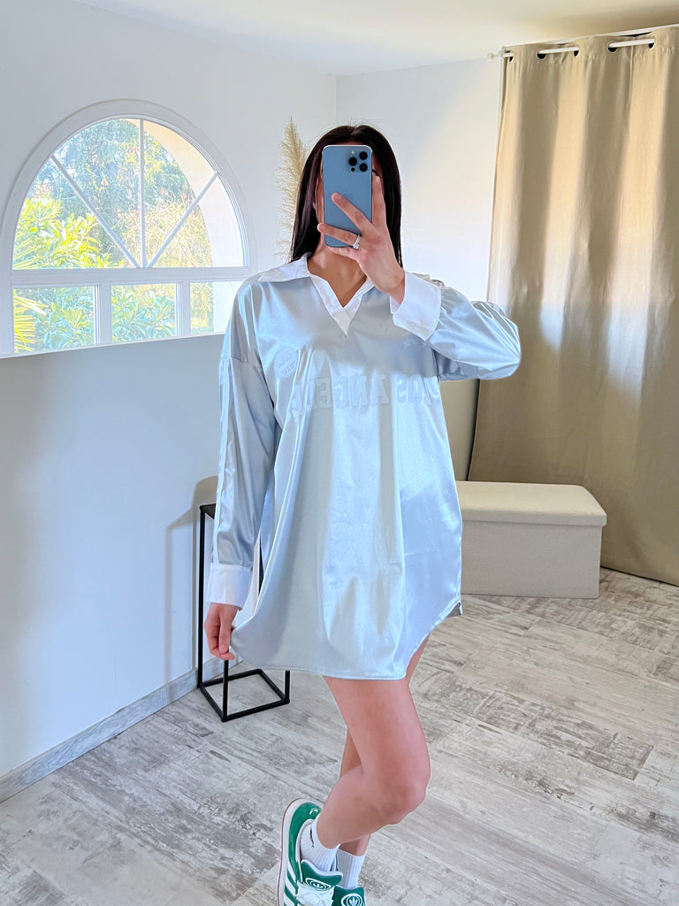 Top Satin Col Chemise LA Gris