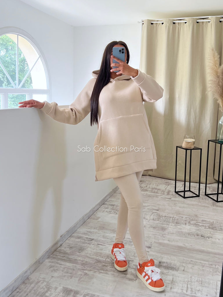 Ensemble Legging Sweat Capuche Beige