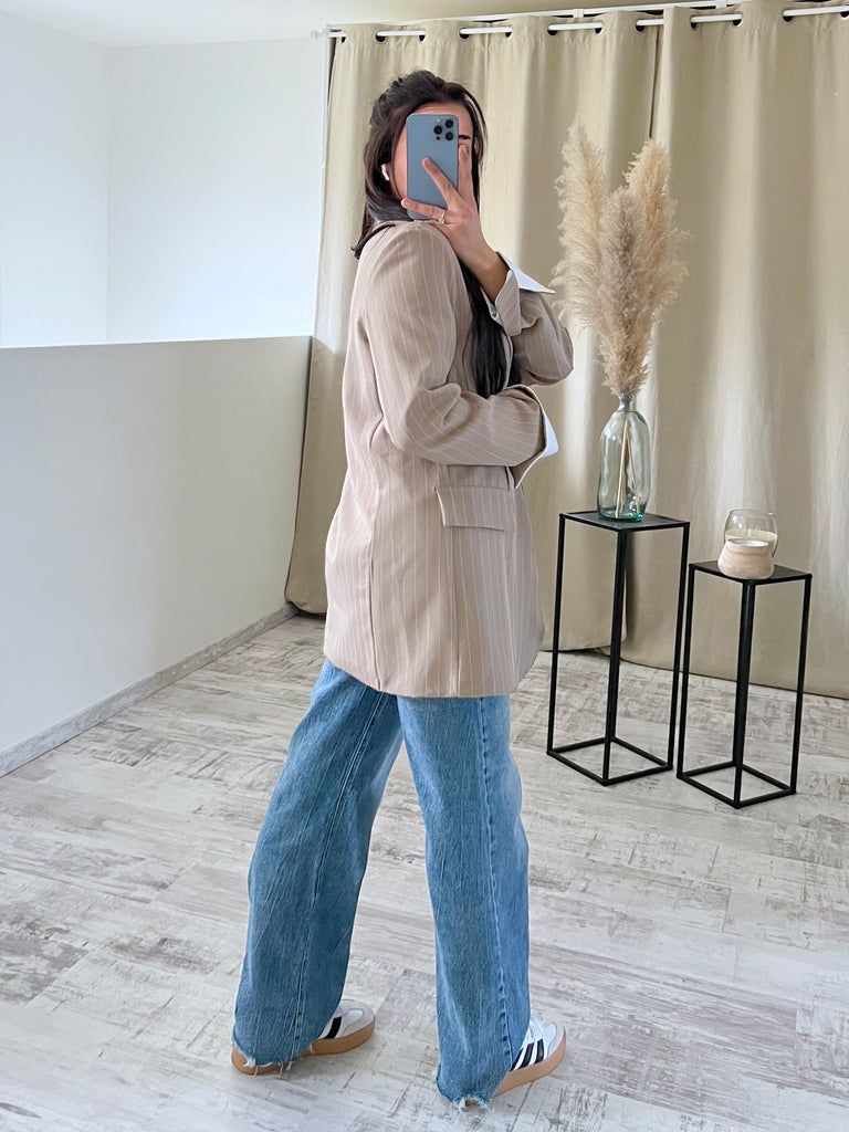 Blazer Manches Revers À Rayures Taupe