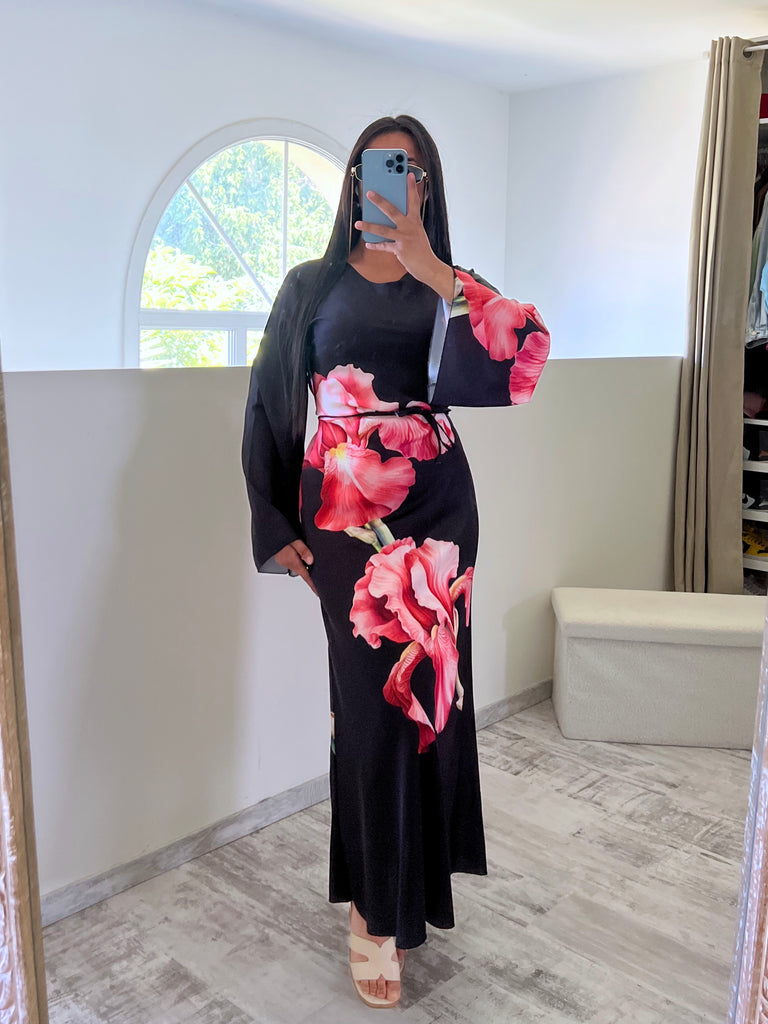 Robe Satin À Fleurs Noir