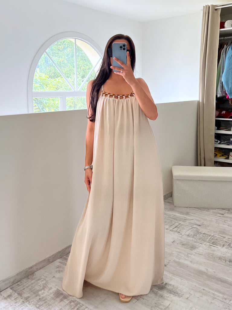 Robe Col Boucles Dorés Beige