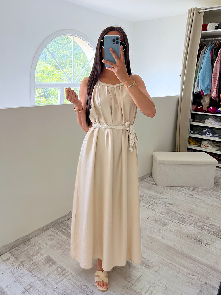 Robe À Col Et Ceinture Tresse Beige
