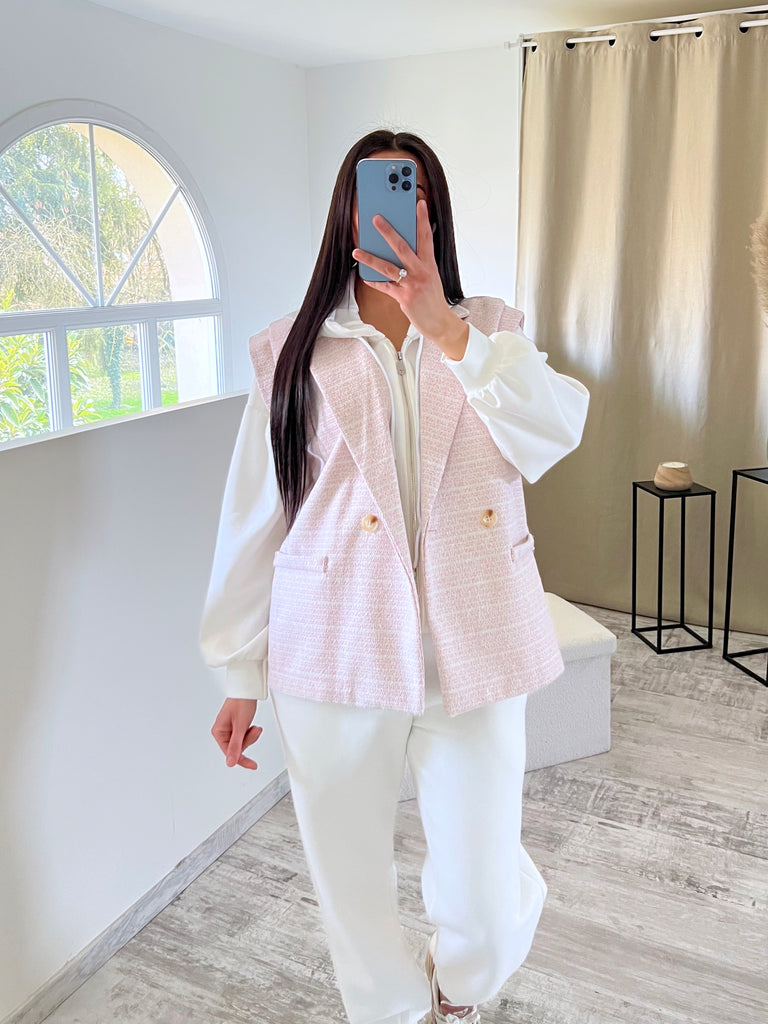 Veste 2 Pièces Hoodie/Tweed Blanc/Rose