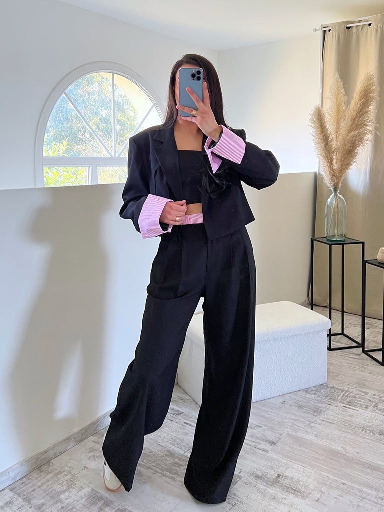 Ensemble Blazer Court/Pantalon Revers Noir/Rose