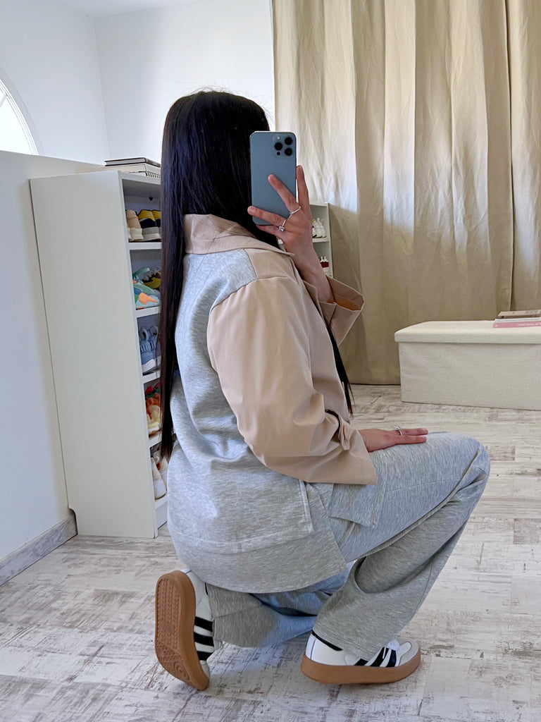 Trench Court Bi Matière Beige/Gris