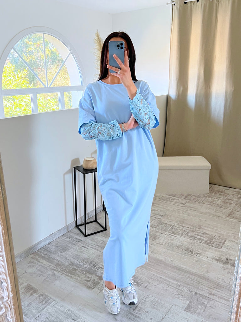 Robe Manches Dentelles Bleu Ciel