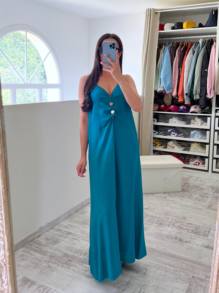 Robe Sans Manches Détail Pierres Bleu Canard