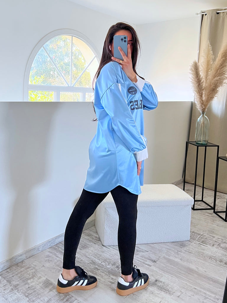 Top Satin Col Chemise LA Bleu Ciel