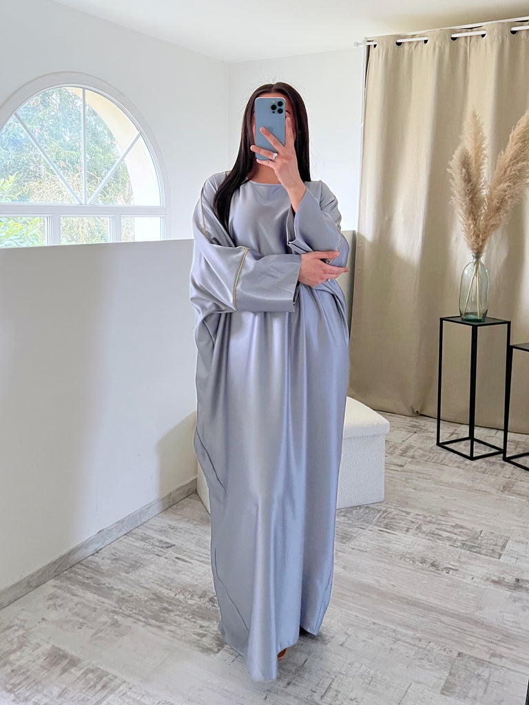 Abaya Satin Bordures Dorés Gris