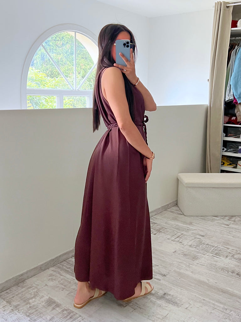 Robe À Col Et Ceinture Tresse Marron