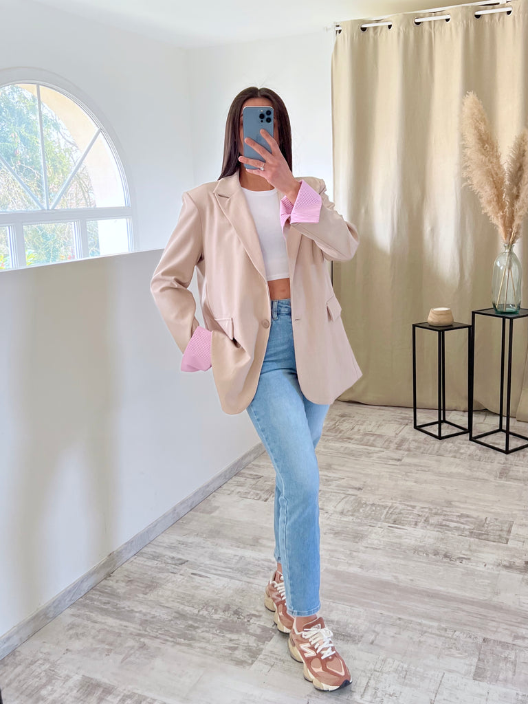 Blazer Manches Revers Beige/Rose