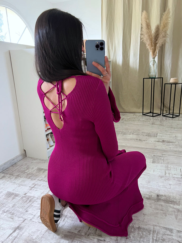 Robe Maille Dos Lacet Prune