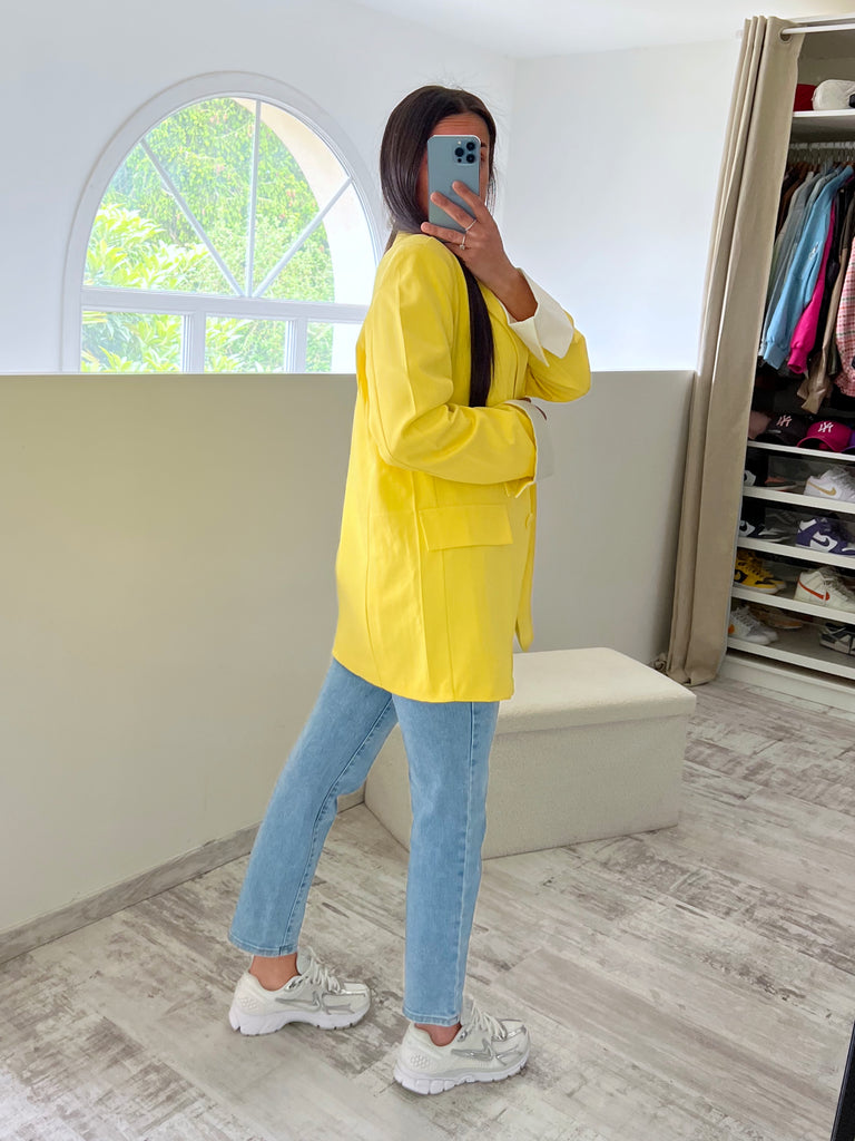 Blazer Manches Revers Rayures Jaune