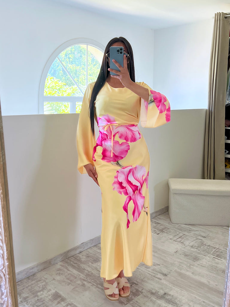 Robe Satin À Fleurs Jaune