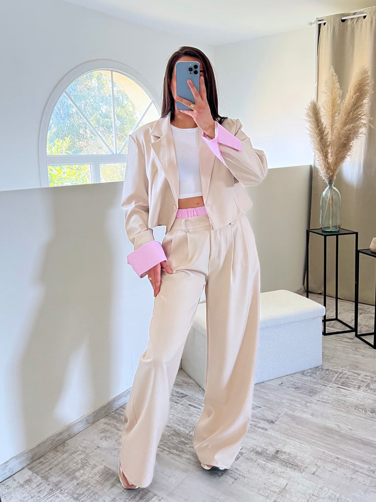 Ensemble Blazer Court/Pantalon Revers Nude/Rose