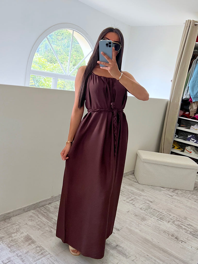 Robe À Col Et Ceinture Tresse Marron