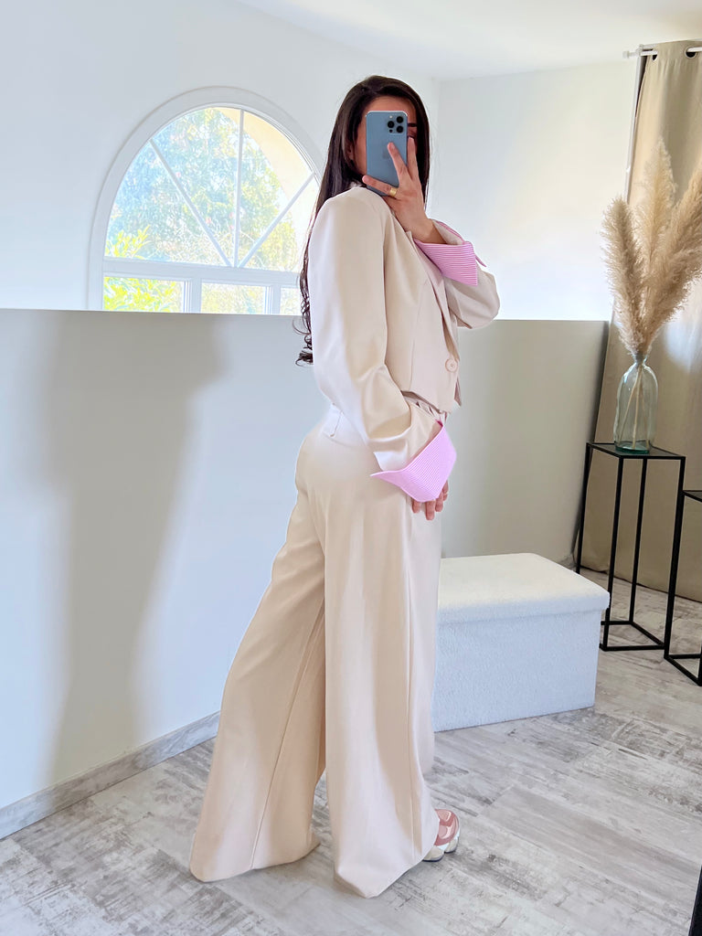 Ensemble Blazer Court/Pantalon Revers Nude/Rose