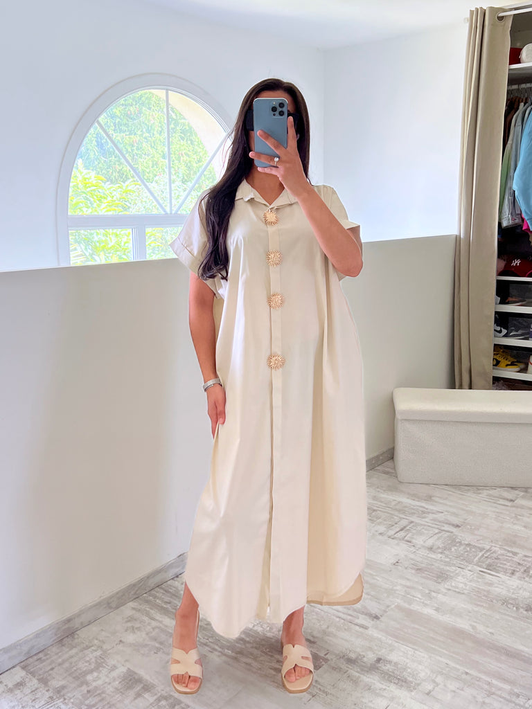 Robe Chemise Popeline Broche Soleil Beige