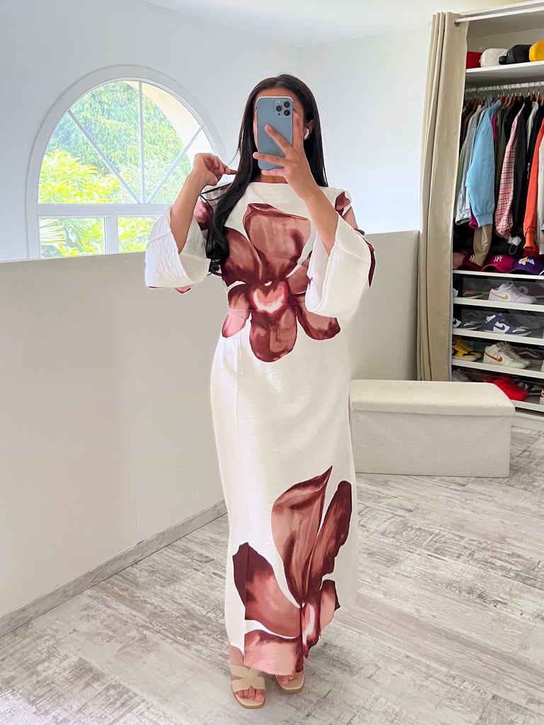 Robe Effet Lin À Fleurs Marron