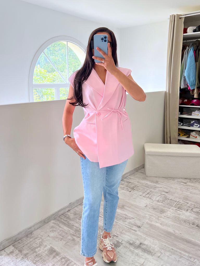 Blazer Sans Manches À Nouer Rose
