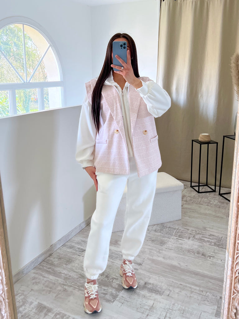Veste 2 Pièces Hoodie/Tweed Blanc/Rose