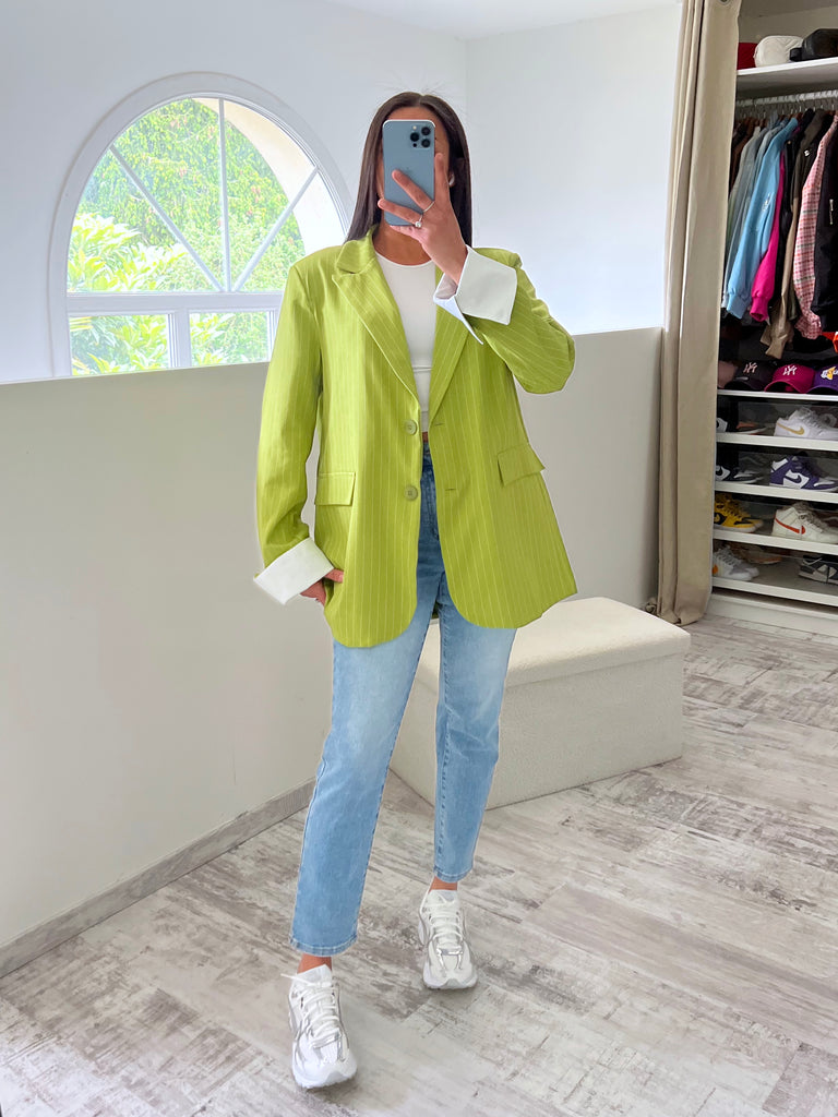 Blazer Manches Revers Rayures Vert