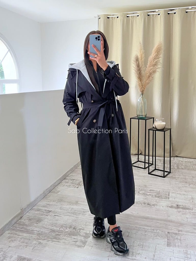 Trench Long À Capuche Noir