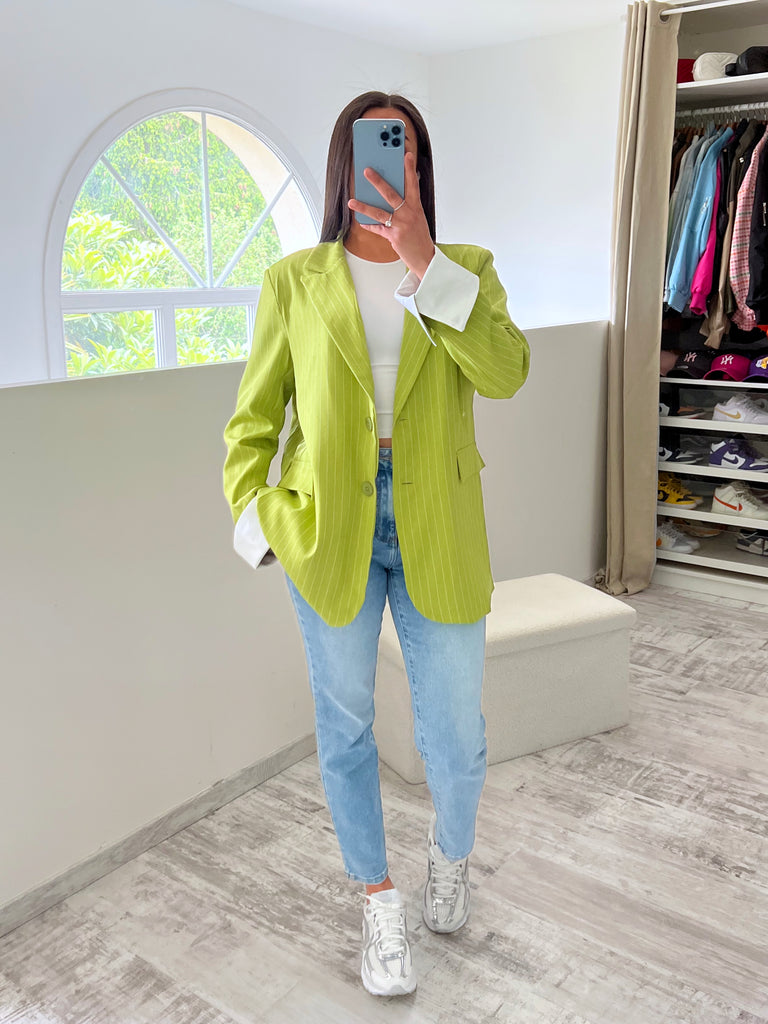 Blazer Manches Revers Rayures Vert