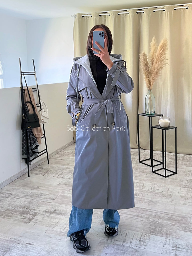 Trench Long À Capuche Gris
