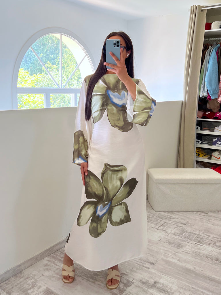 Robe Effet Lin À Fleurs Kaki