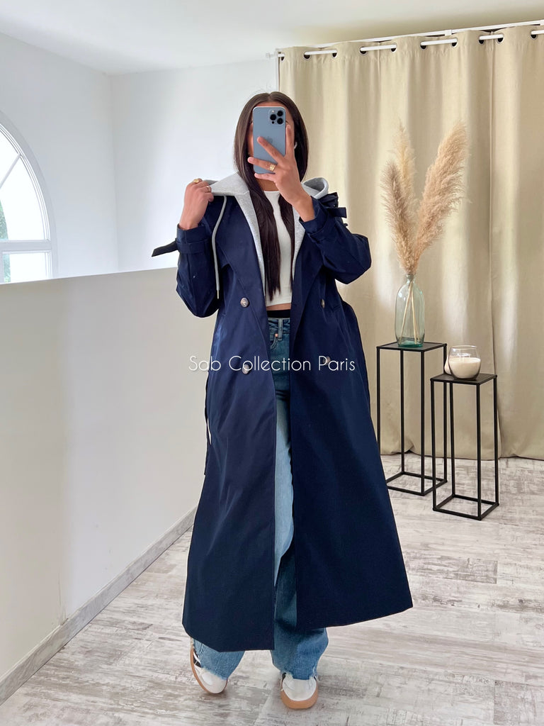 Trench Long À Capuche Marine