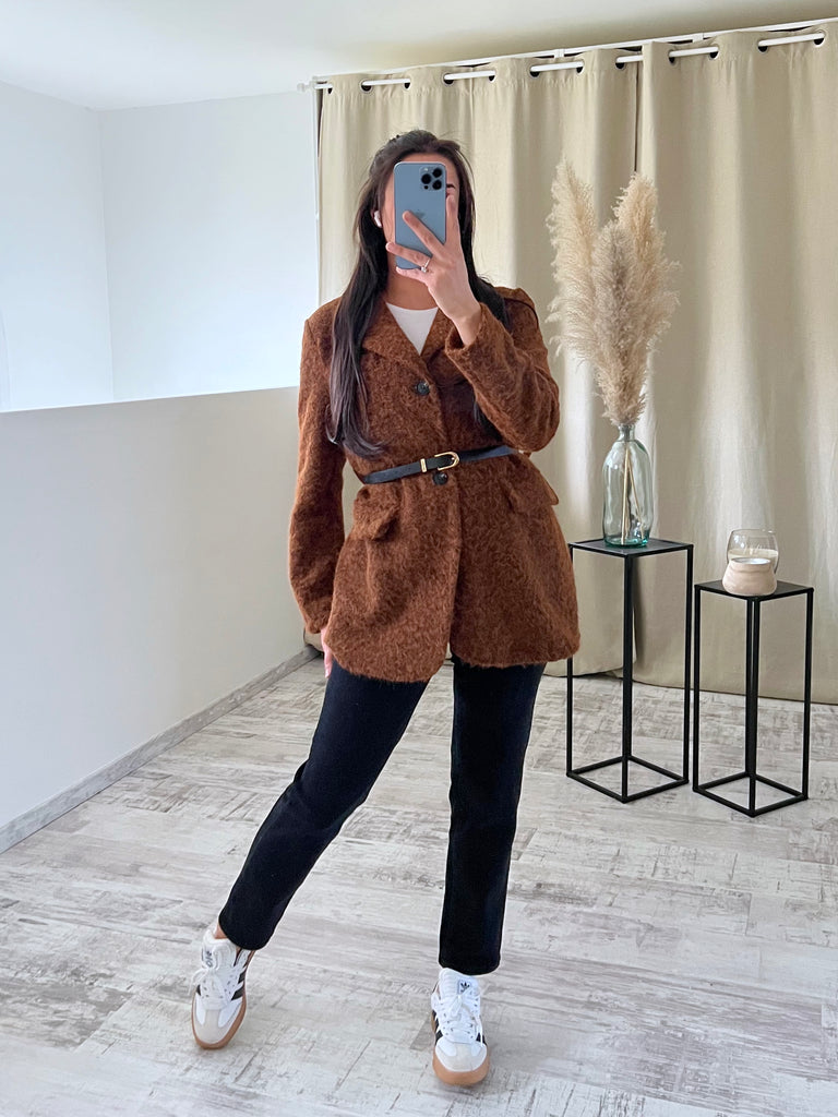 Veste Moumoute À Ceinture Marron